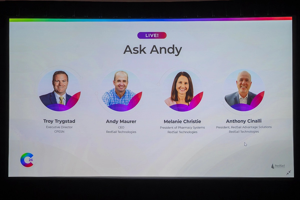 Presentation slide for the Ask Andy panel at Connect 2026, listing Andy Maurer and other pharmacy leaders