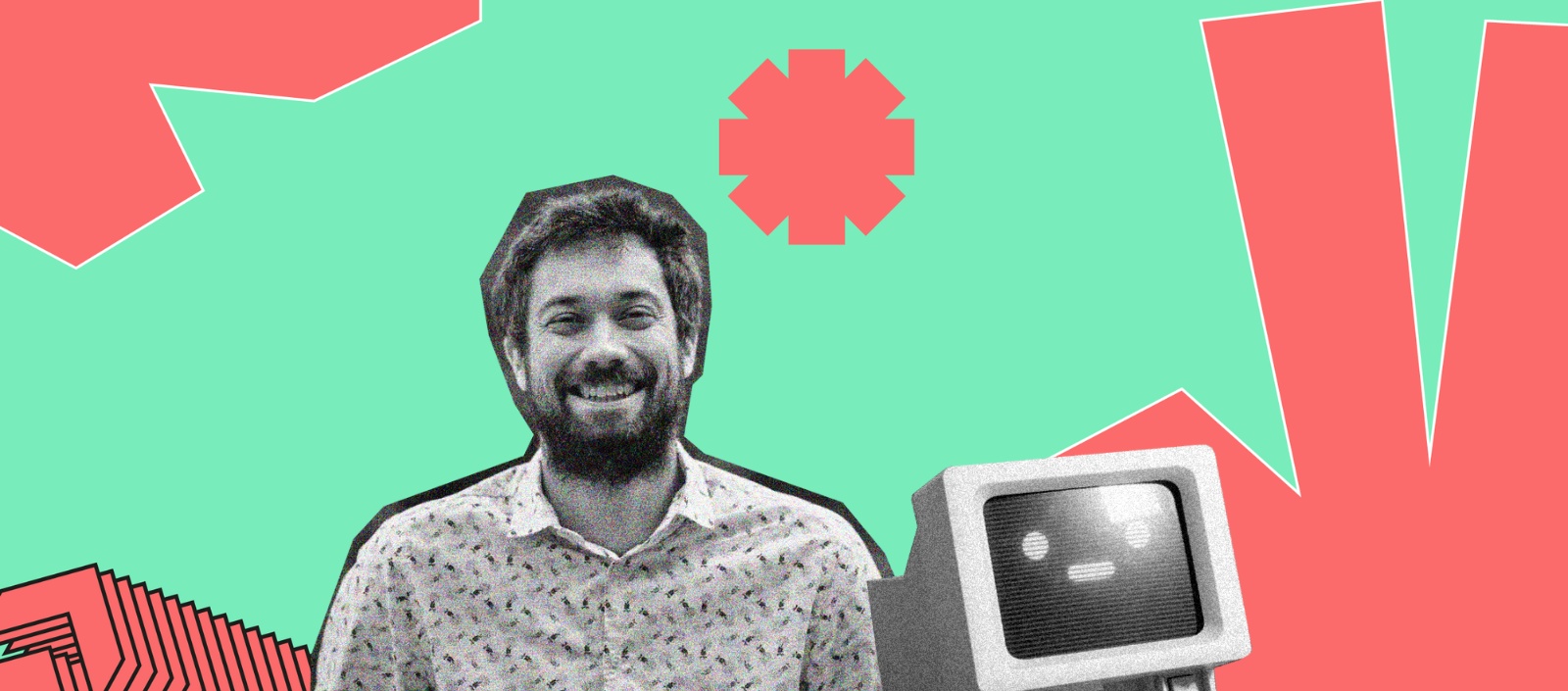 Editorial collage of Redstart co-founder Arnaud Mournetas beside a vintage computer