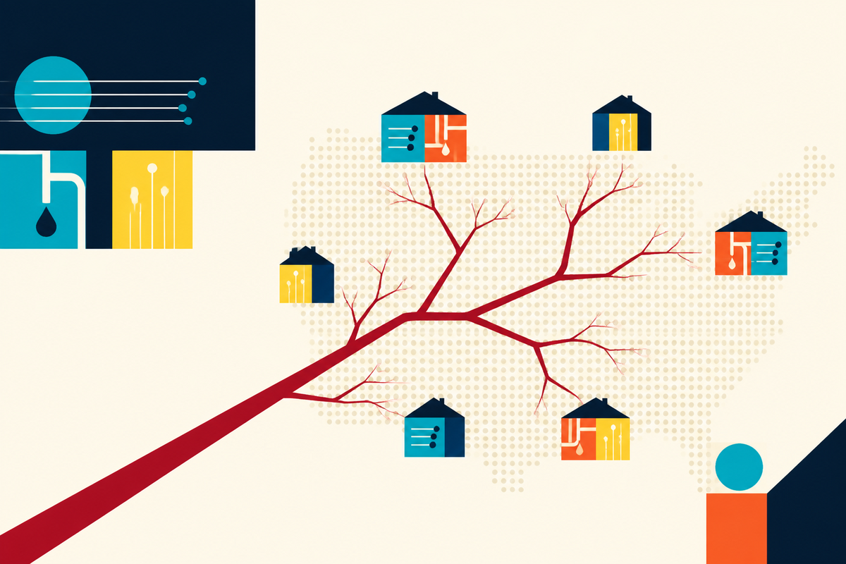 Abstract Swiss-style illustration of a branching red network connecting geometric homes across the United States