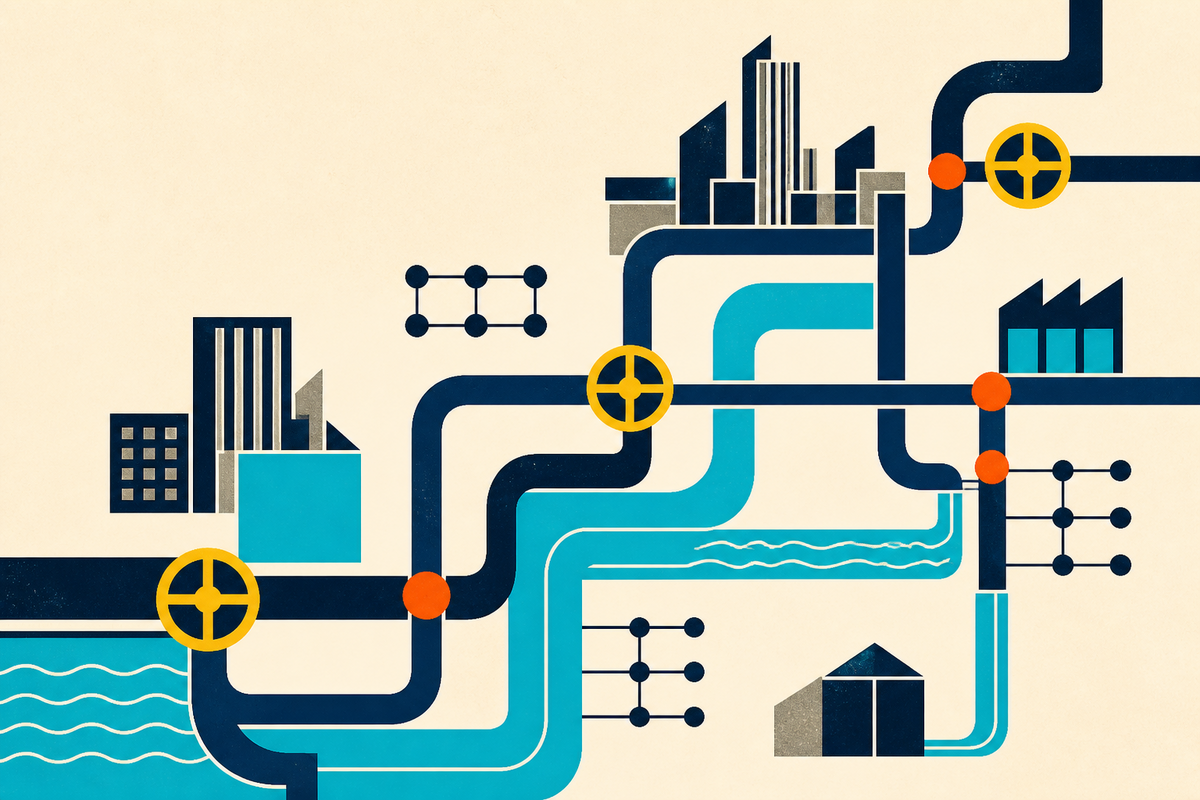 Abstract Swiss-style illustration of pipes, valves, water channels, buildings and distribution nodes