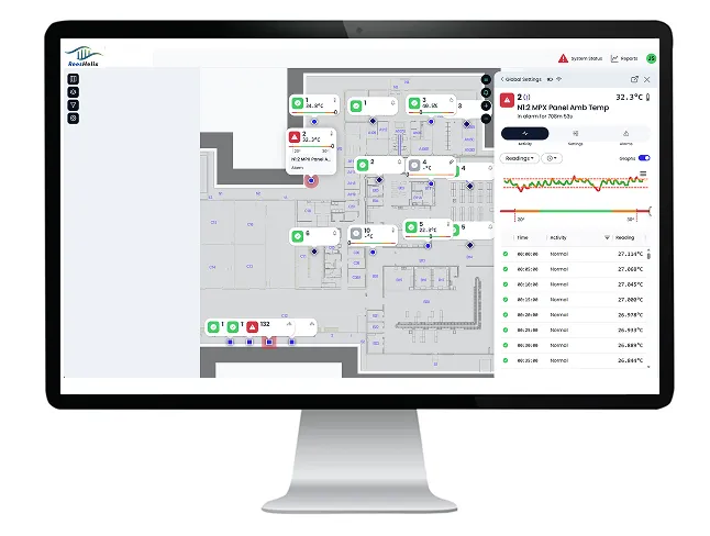 Rees Helix product image showing sensor readings on a facility map displayed on a computer
