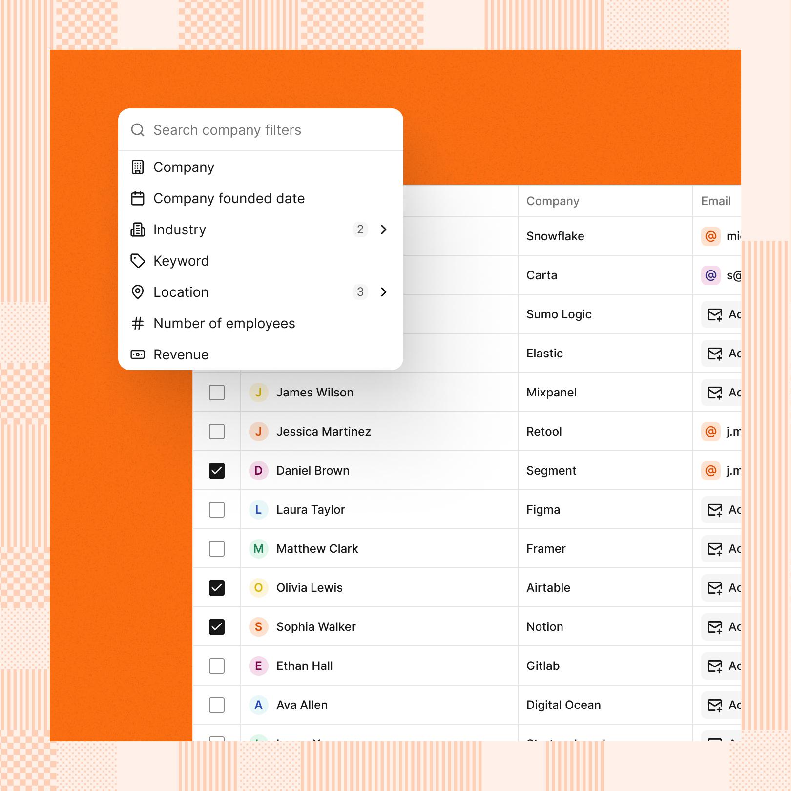 Reevo Find interface with account and contact filters