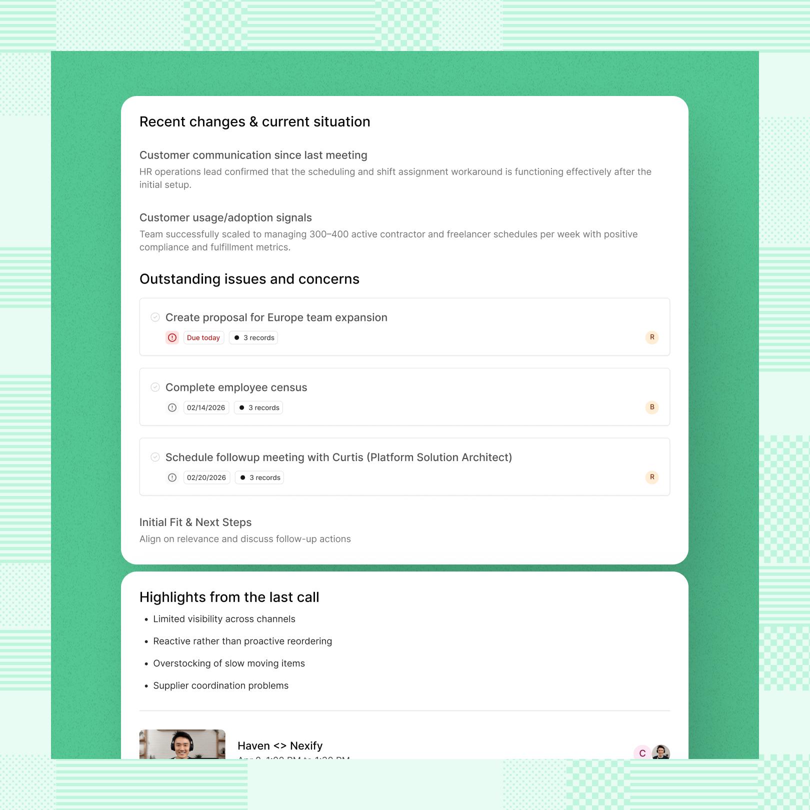 Reevo Sell interface showing a meeting summary and transcript