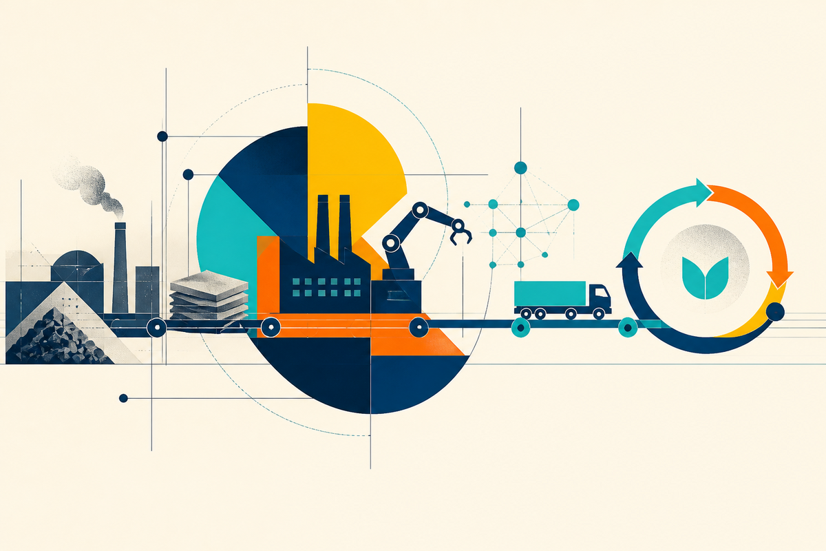 Abstract Swiss-style illustration connecting raw materials, a factory, automation, data, freight, and circular reuse