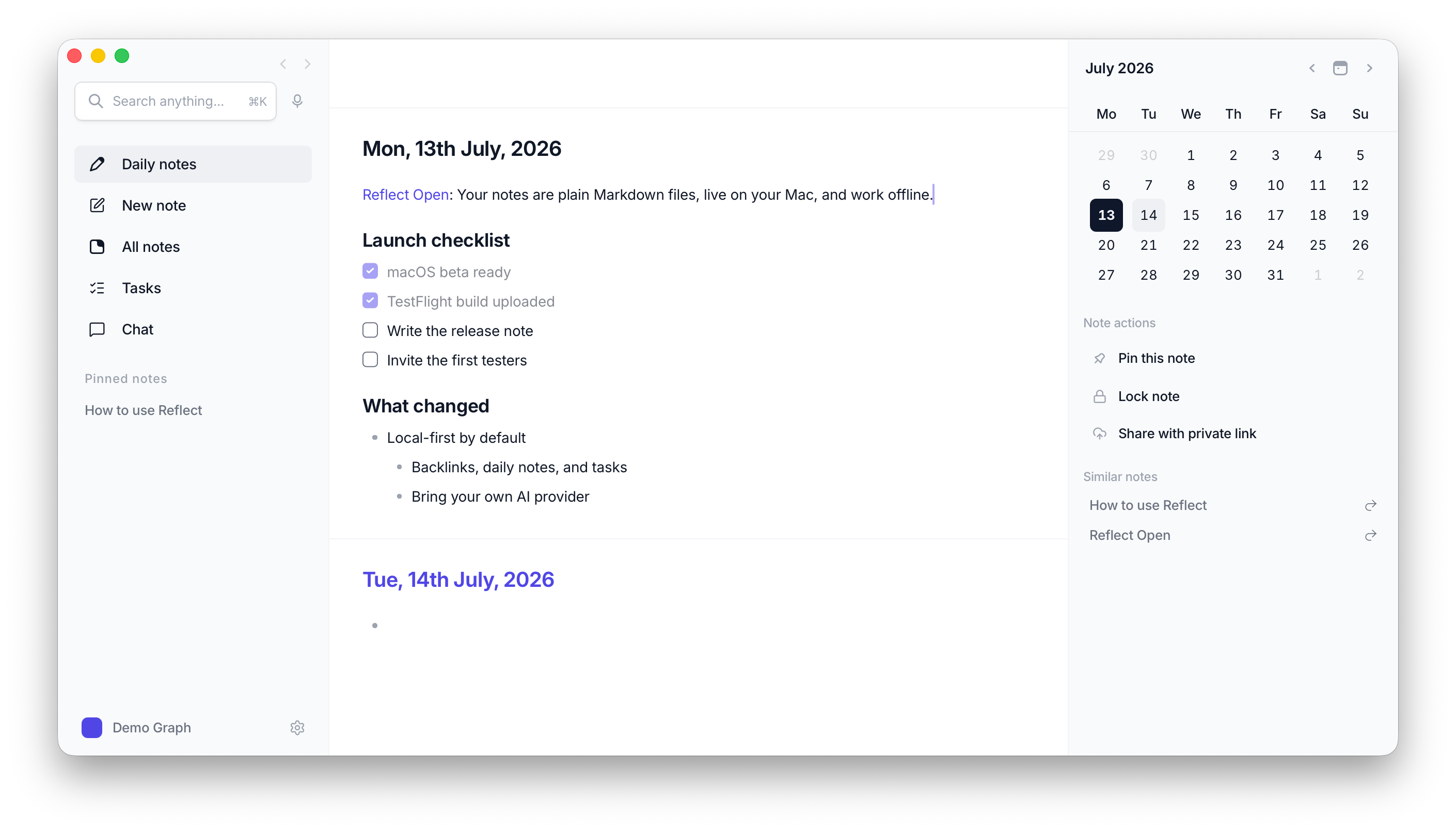 Reflect Open on Mac showing a daily note, task checklist and July 2026 calendar