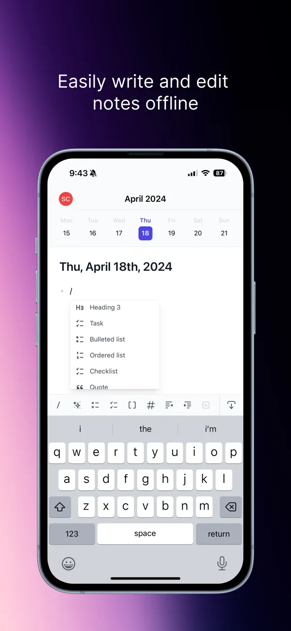 Reflect iPhone app showing the daily note editor and formatting menu