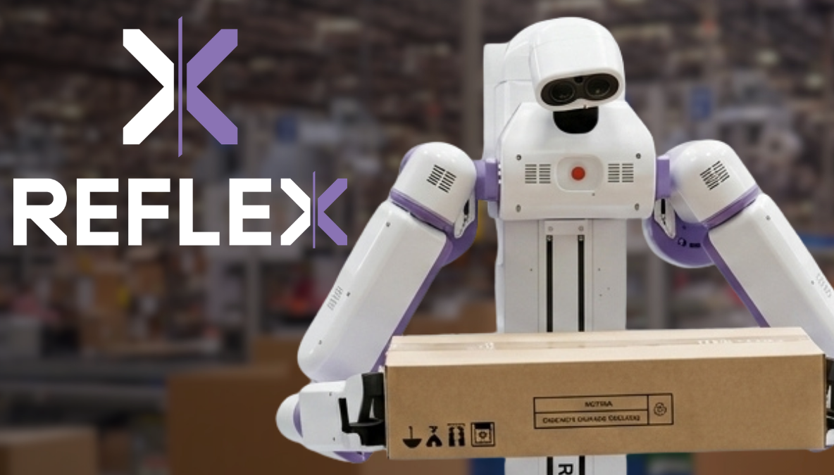 Reflex Robotics wheeled humanoid robot in a warehouse setting