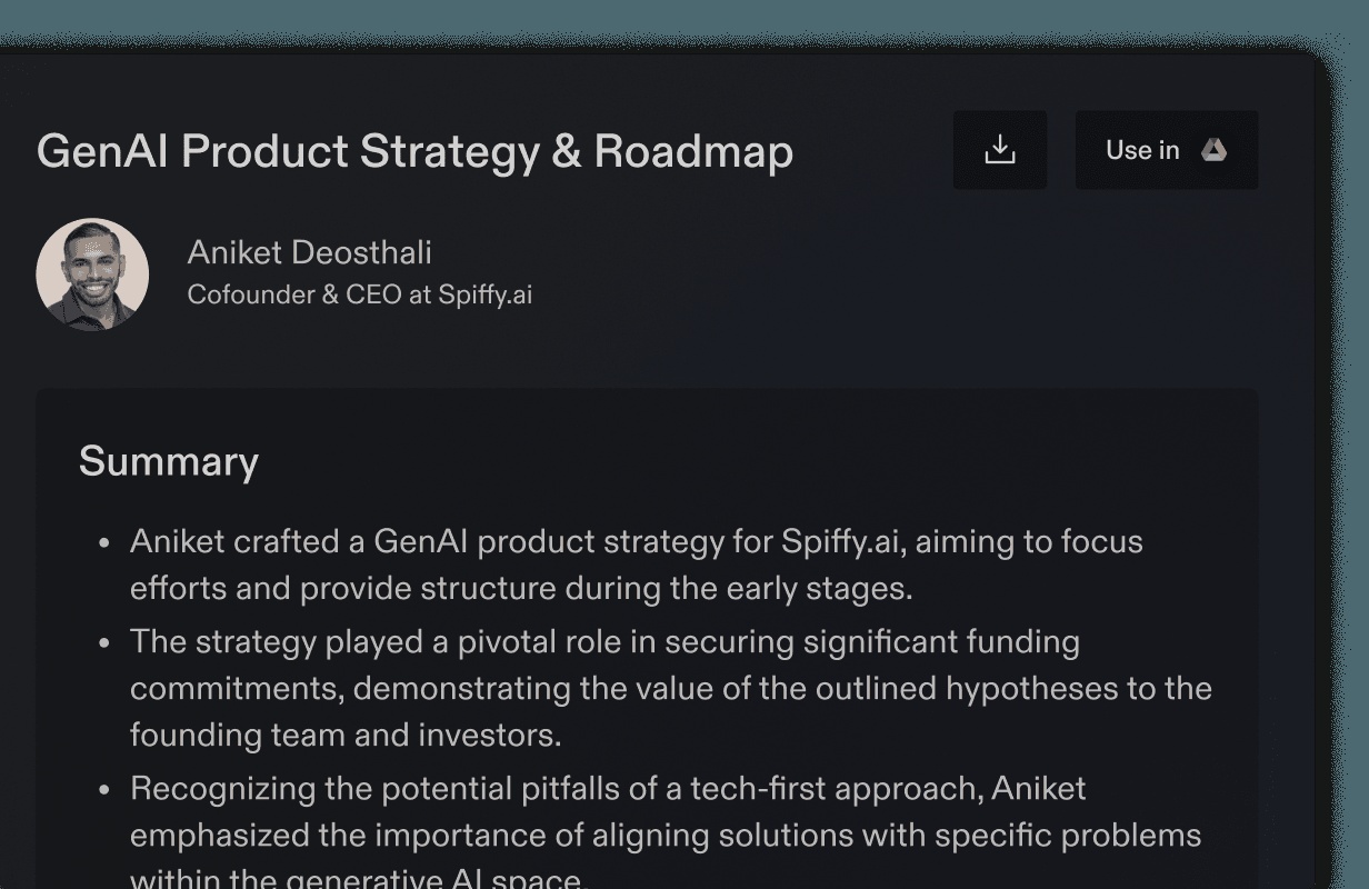 Reforge learning platform showing a real GenAI product strategy and roadmap artifact