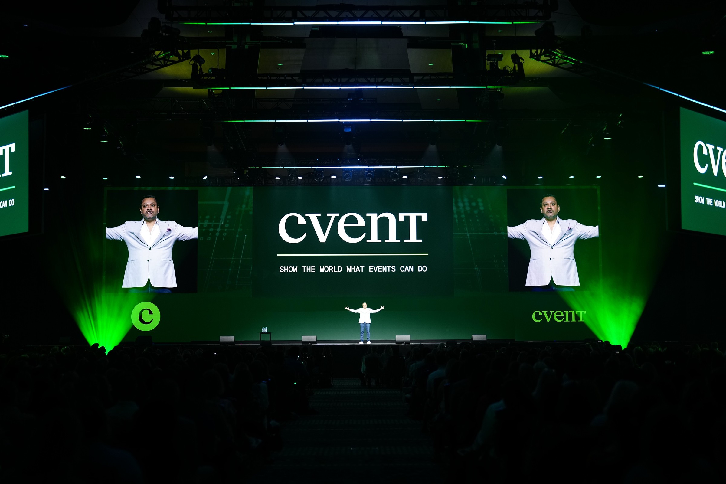 Reggie Aggarwal speaking on the green-lit Cvent CONNECT 2026 stage in Nashville