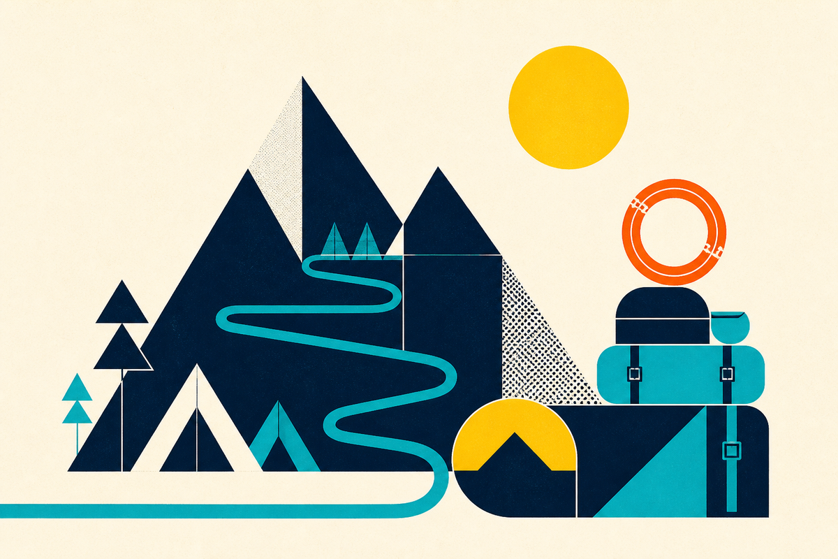 Abstract Swiss-style illustration of mountains, a winding trail, tents and modular outdoor gear