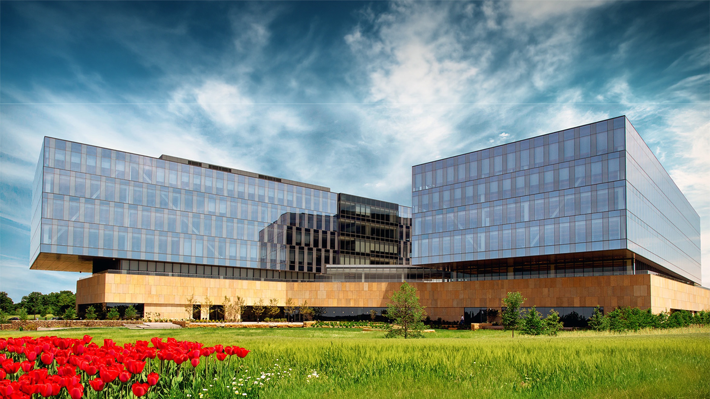RGA’s glass-fronted headquarters above a prairie garden in Chesterfield, Missouri