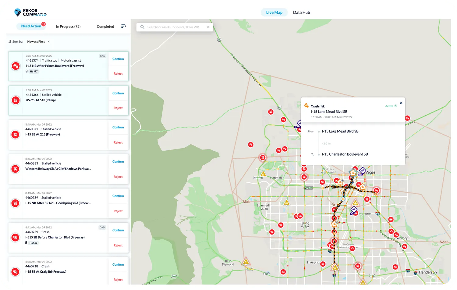 Rekor Command dashboard showing a map and roadway incident information