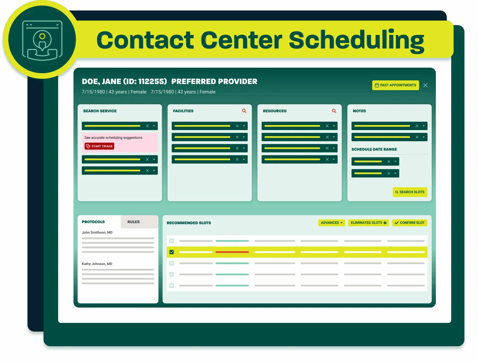 Relatient’s illustrated contact center scheduling interface showing providers, rules, and recommended appointment slots