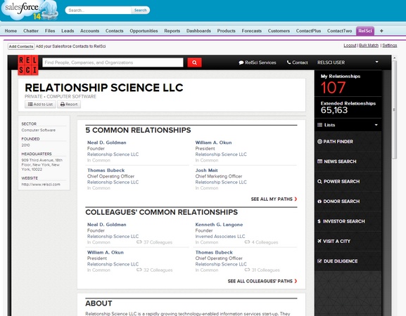 Legacy RelSci product illustration showing relationship information integrated into Salesforce