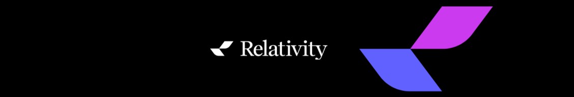 Relativity Ventures black brand banner with its white wordmark and purple-and-blue geometric mark