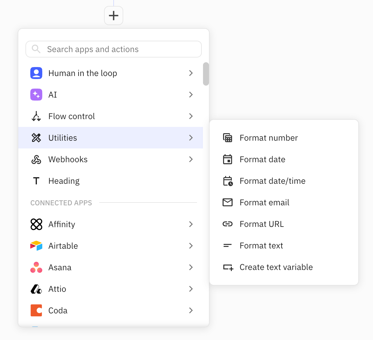 Relay.app workflow utilities menu showing human in the loop, AI, flow control, formatting and connected apps