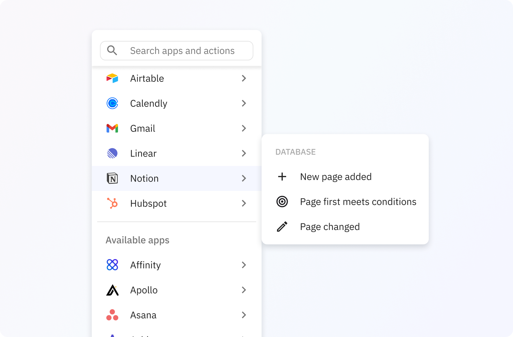 Relay.app integration picker showing Notion triggers alongside Airtable, Gmail, Linear and HubSpot