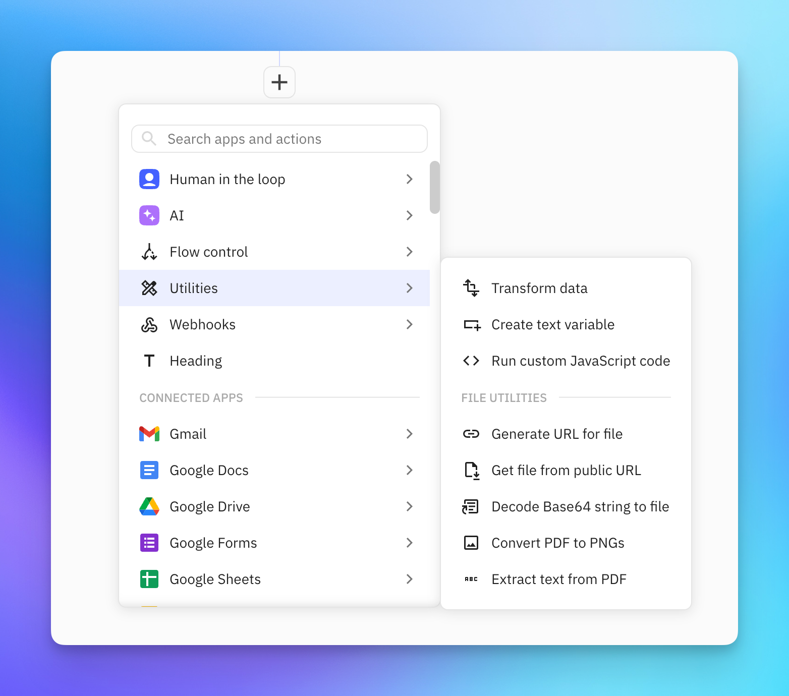 Relay.app utilities menu showing data transformation, custom JavaScript and file conversion actions
