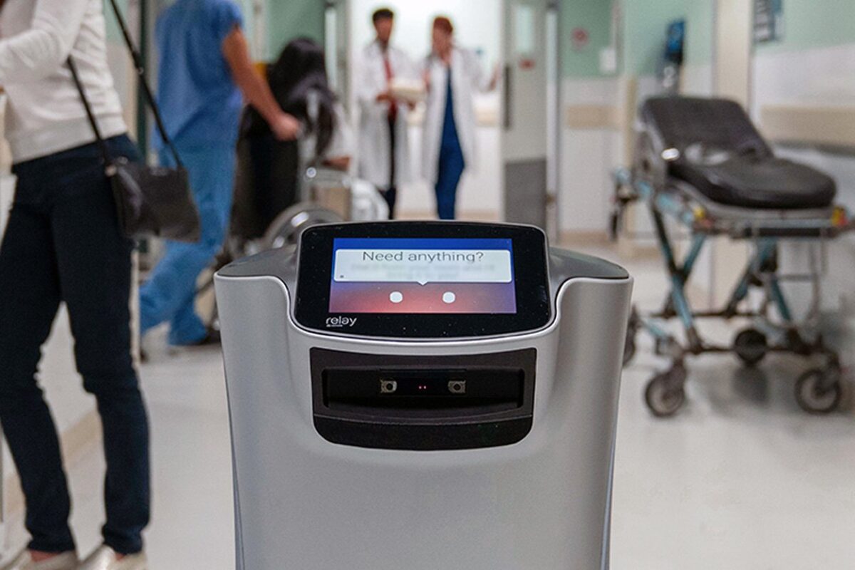 A Relay autonomous delivery robot in a hospital corridor