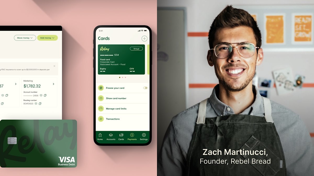 Rebel Bread founder beside Relay banking interfaces on desktop and mobile