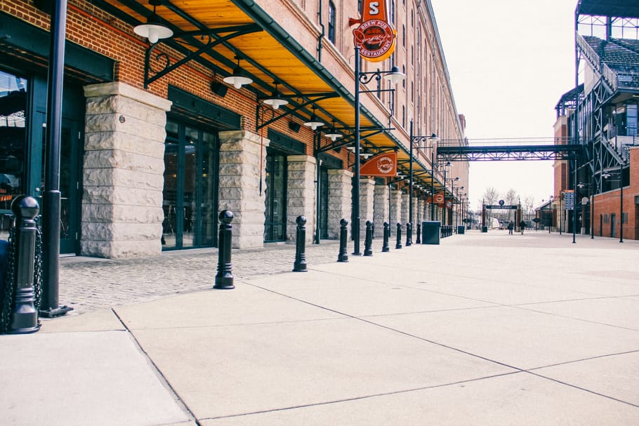 Decorative Reliance Foundry bollards lining a walkway at Oriole Park in Baltimore