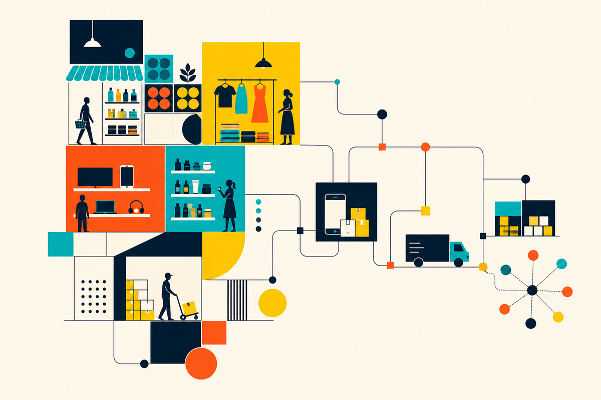 A geometric network of grocery, fashion, electronics and delivery modules connected by routing lines