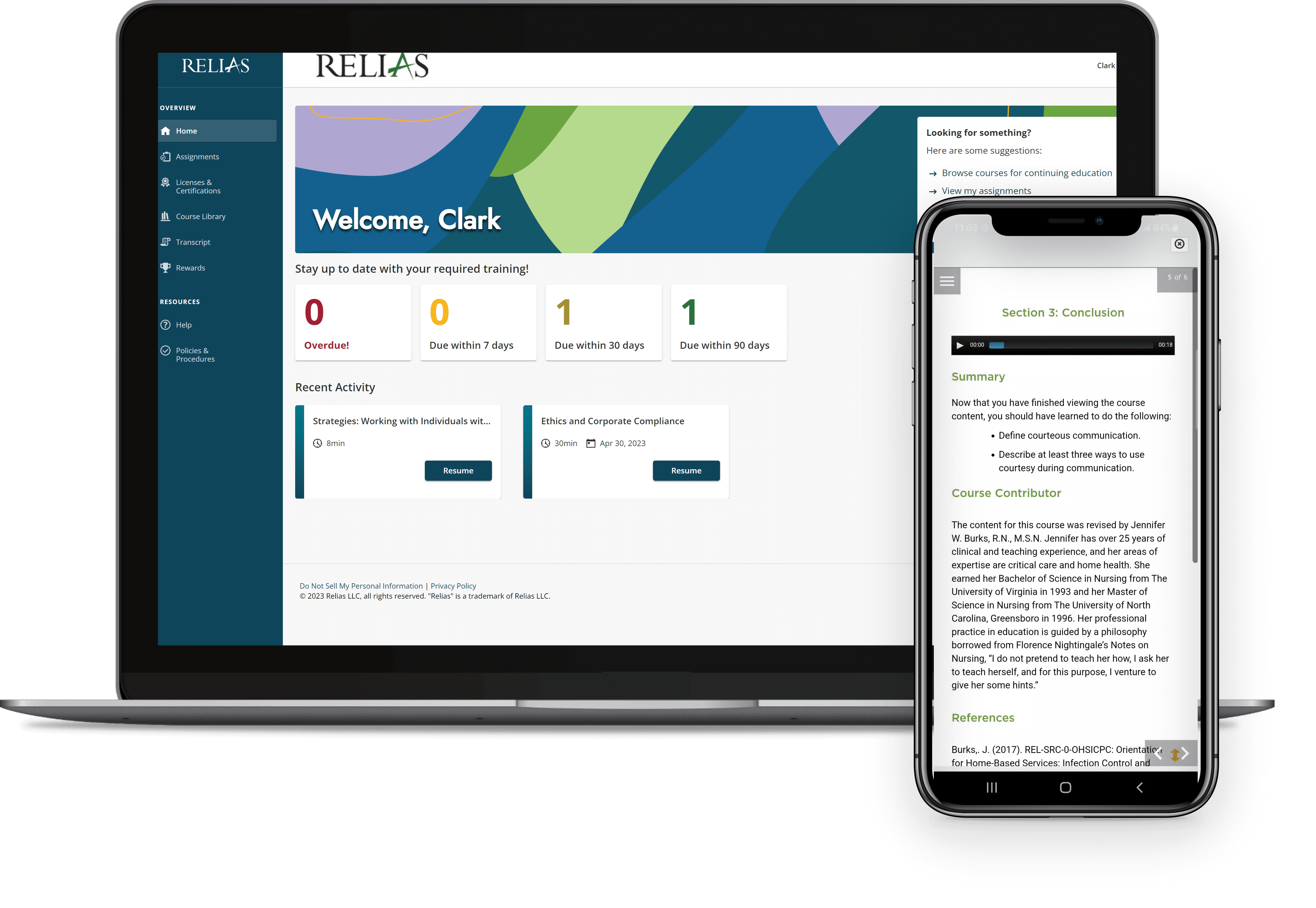 Relias learning platform displayed on a laptop and mobile phone