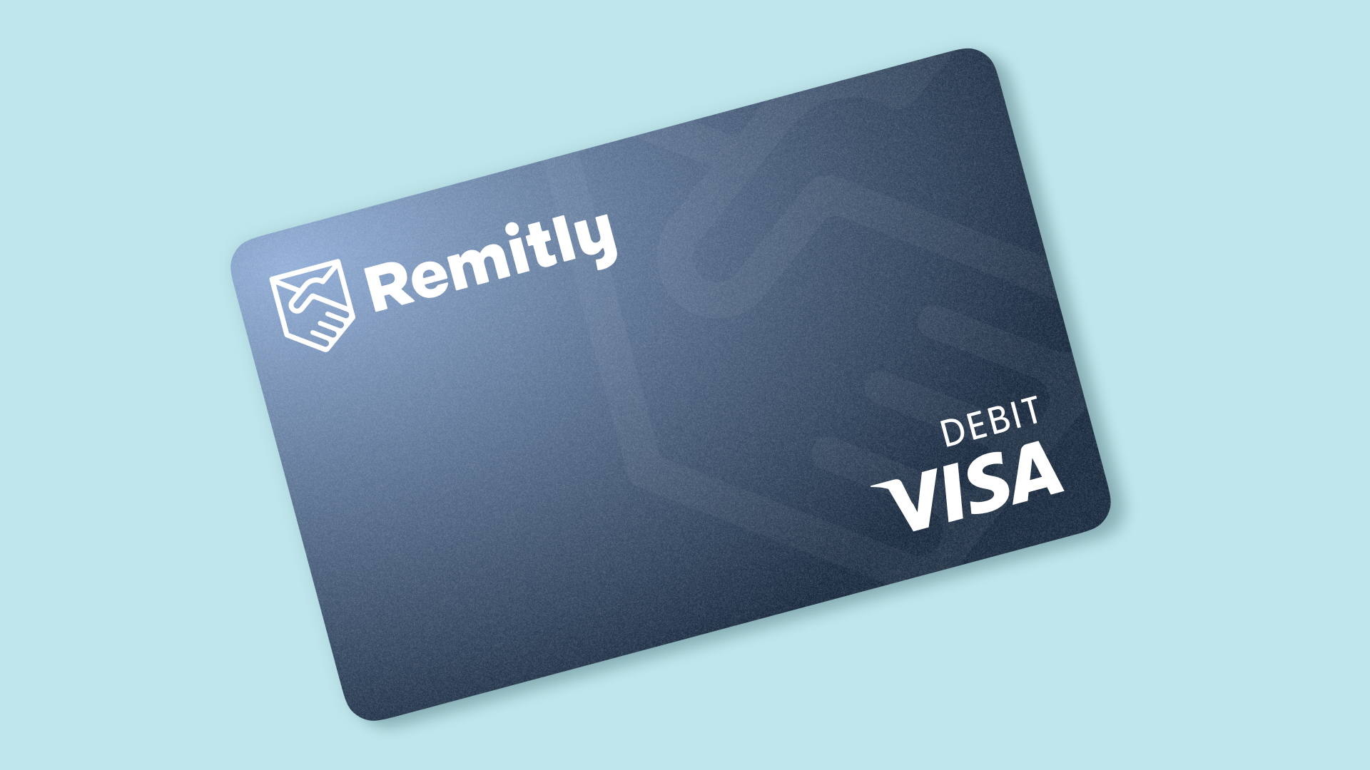 Official product rendering of a navy Remitly Visa debit card against a pale teal background