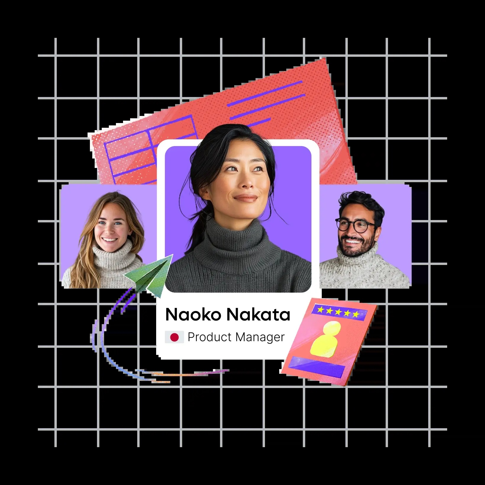 Remote’s promotional collage illustrating international hiring, with employee profiles, documents, and a paper airplane