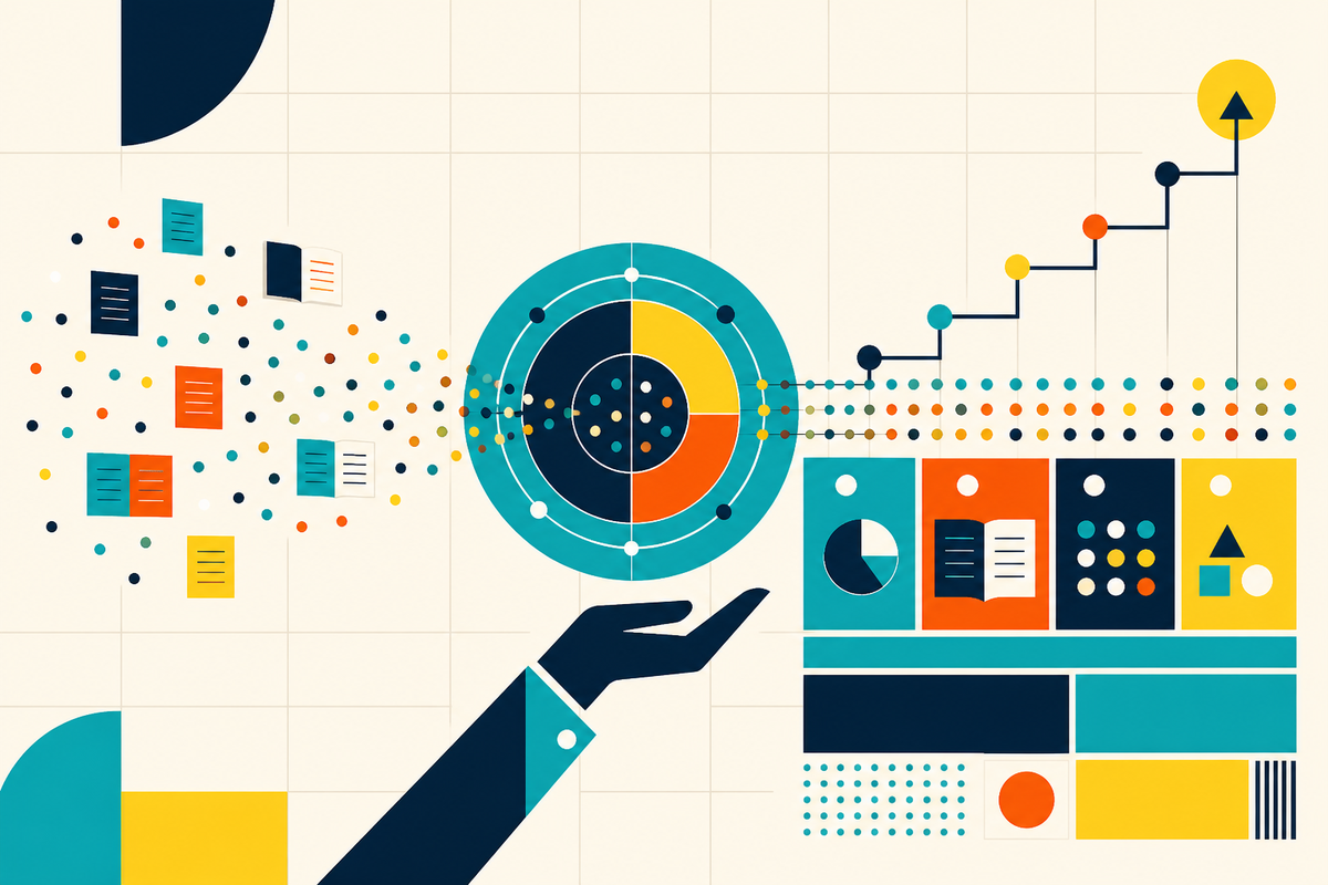 Abstract Swiss-style illustration showing scattered learning signals becoming an organized instructional path
