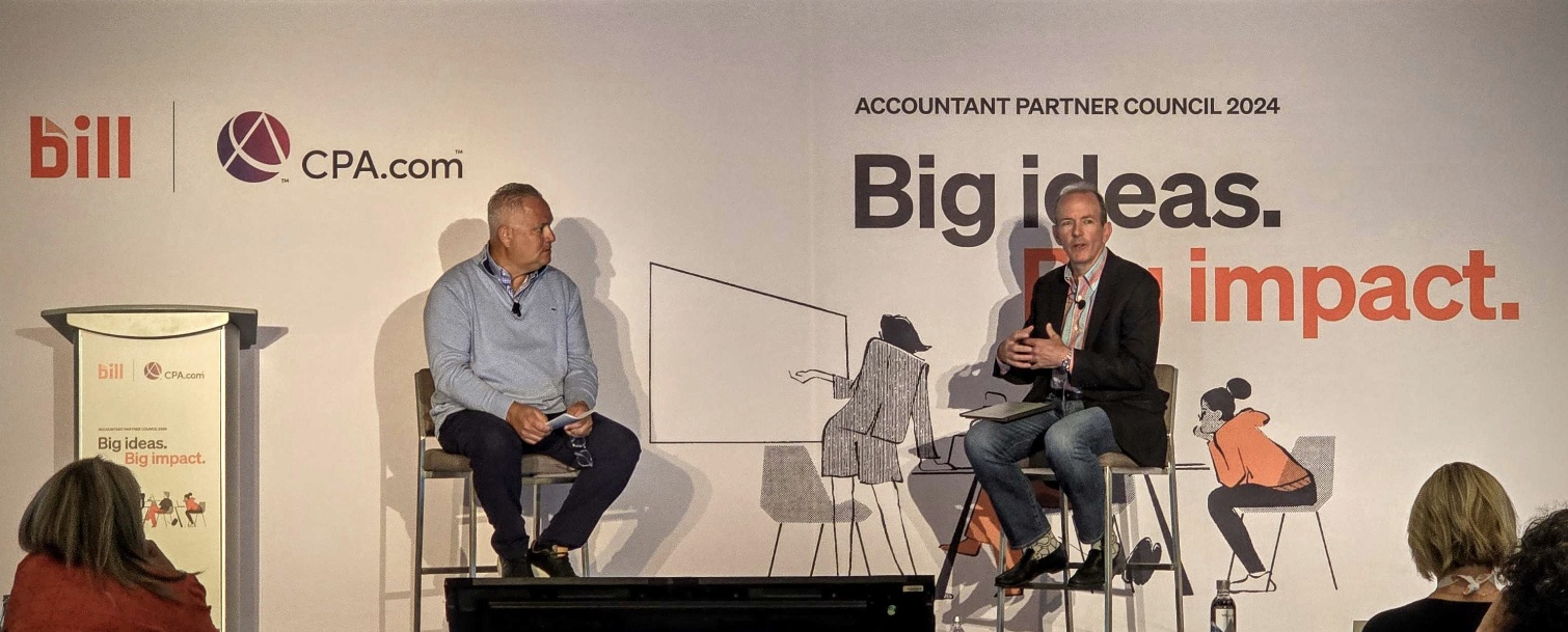 Michael Cerami, left, and René Lacerte, right, seated onstage at BILL's 2024 Accountant Partner Council