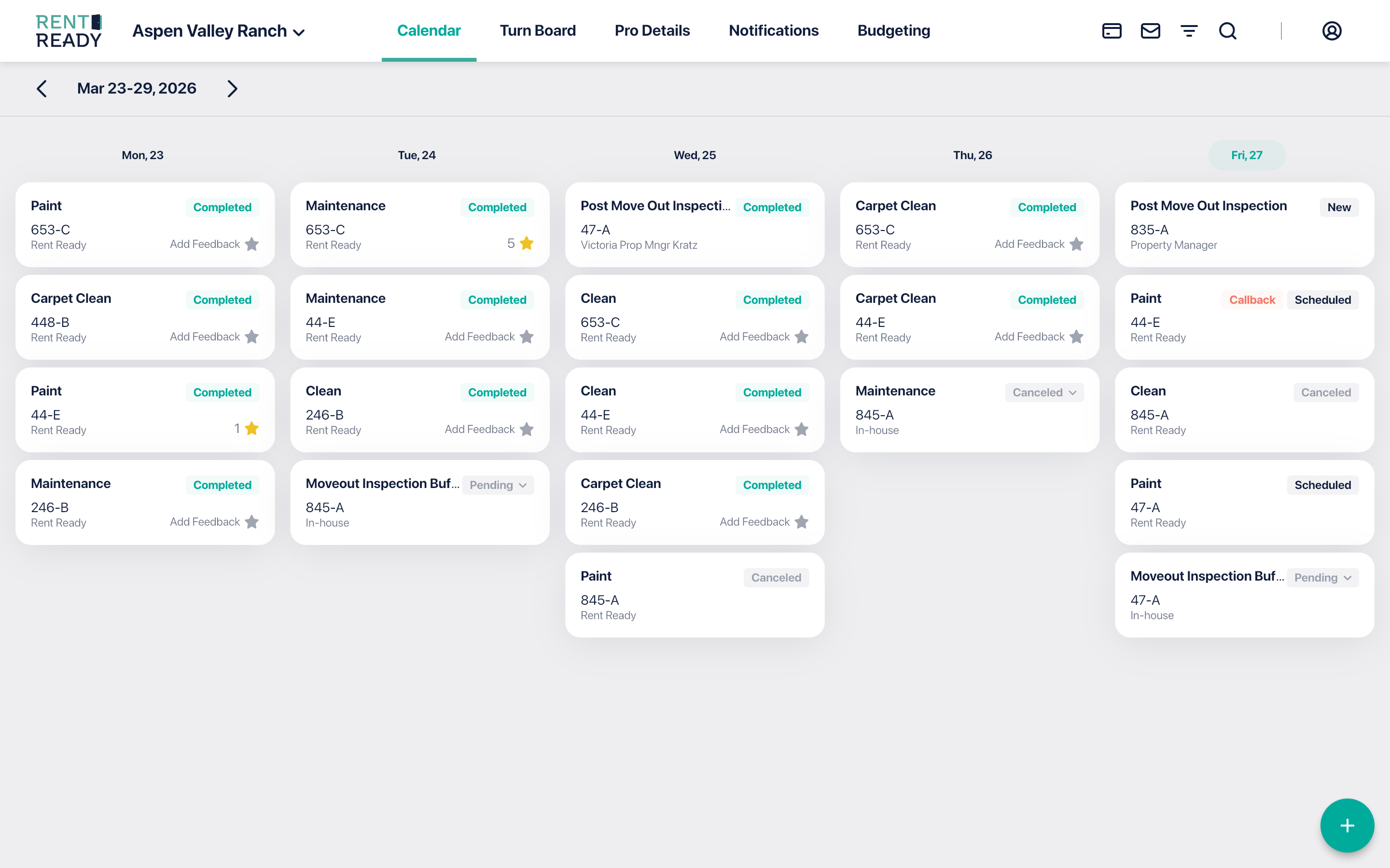 Rent Ready product calendar showing scheduled apartment work across dates