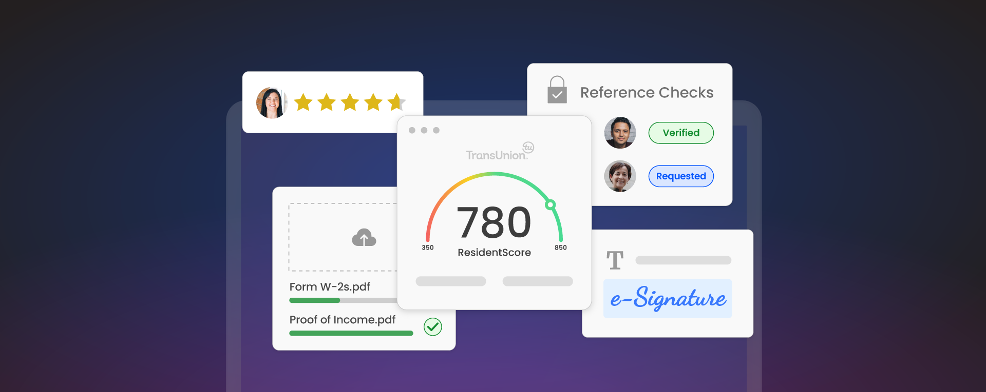 RentSpree PRO interface showing a ResidentScore, uploaded documents, reference checks, ratings, and e-signature