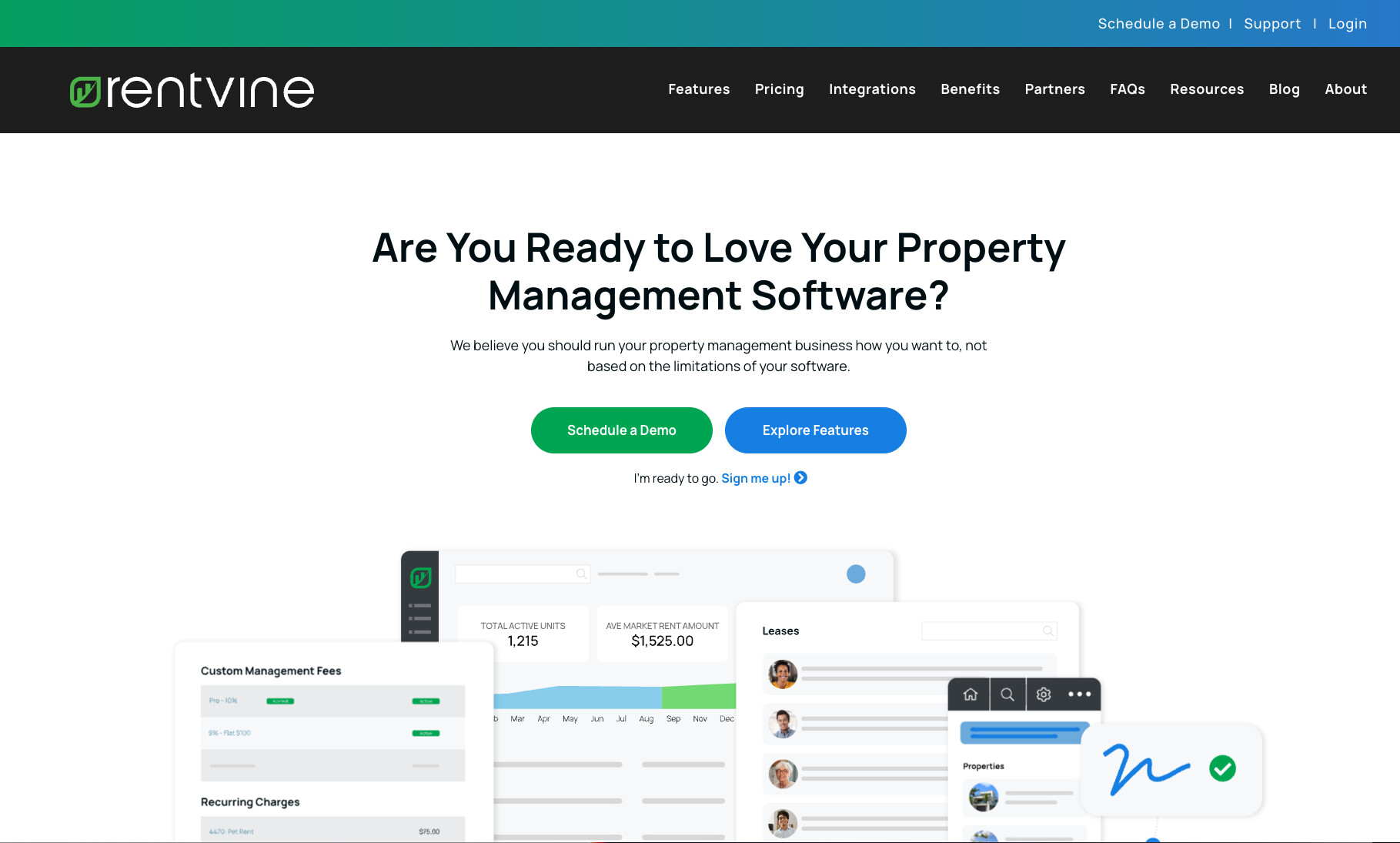 Rentvine property management software interface showing dashboard, lease and fee views