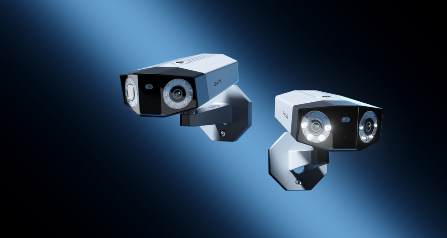 Two Reolink Duo 3 PoE dual-lens security cameras against a dark blue background