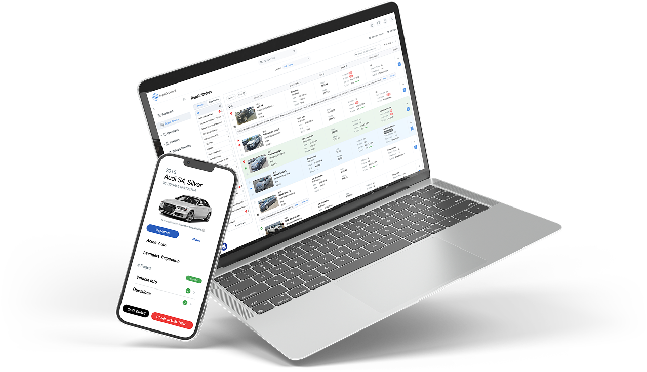 Repair360 desktop repair-order list and mobile vehicle inspection interface