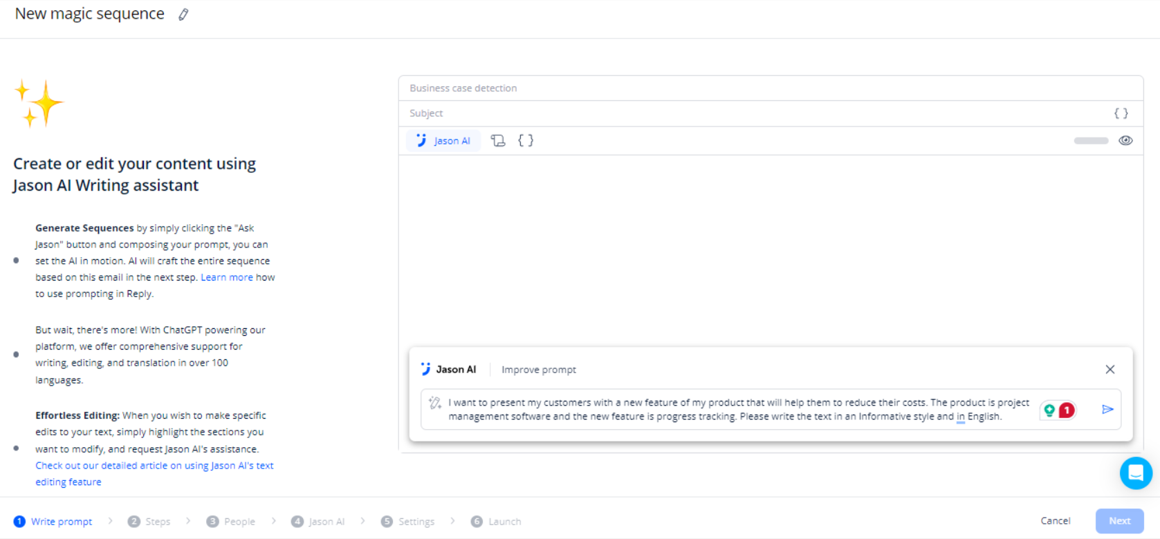 Reply.io sequence builder showing Jason AI sequence creation