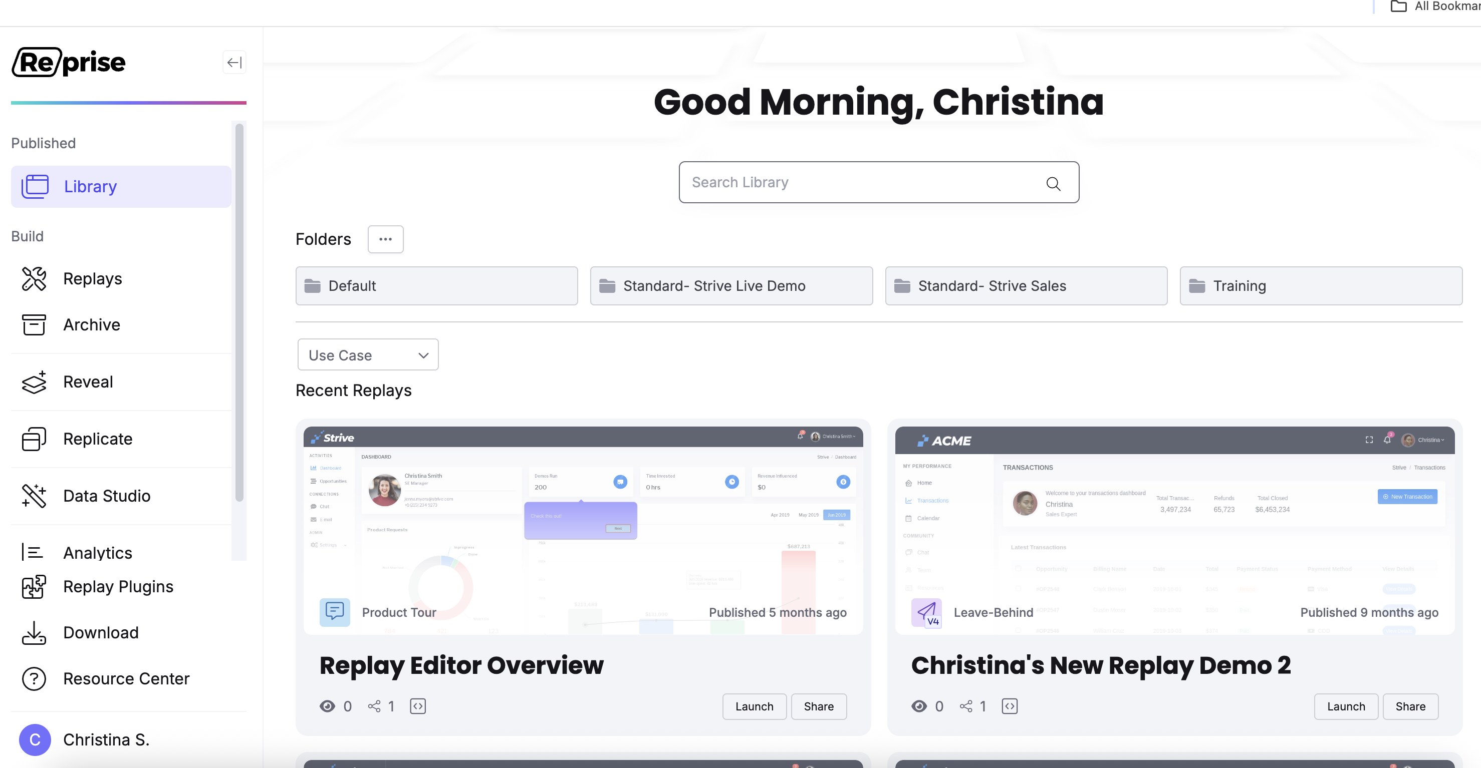 Reprise demo library showing Replay, Reveal and Replicate in the product navigation