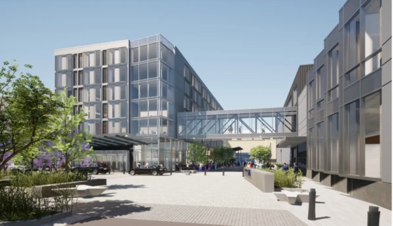 Architectural rendering of Republic’s Carmel aviation campus showing buildings connected by an elevated walkway