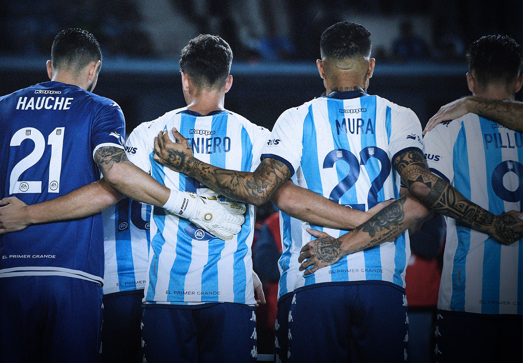 Racing Club players stand together wearing jerseys with mismatched names during The Name Confusion campaign
