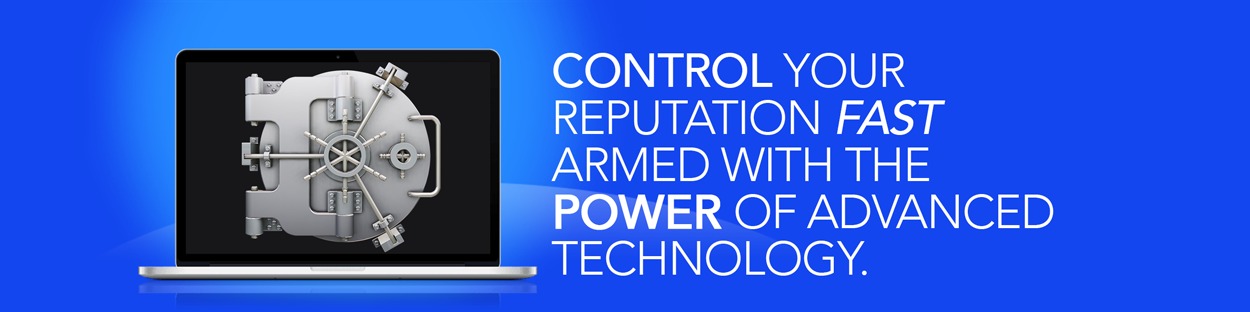 A bank vault displayed on a laptop beside a message about controlling reputation with technology
