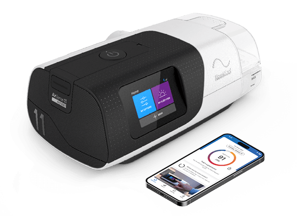 AirSense 11 beside a phone displaying the myAir app