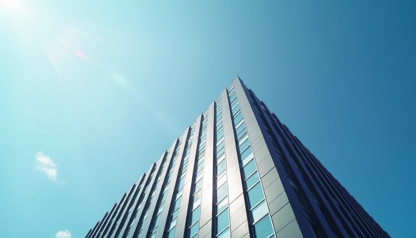 Low-angle view of a modern commercial building against a blue sky