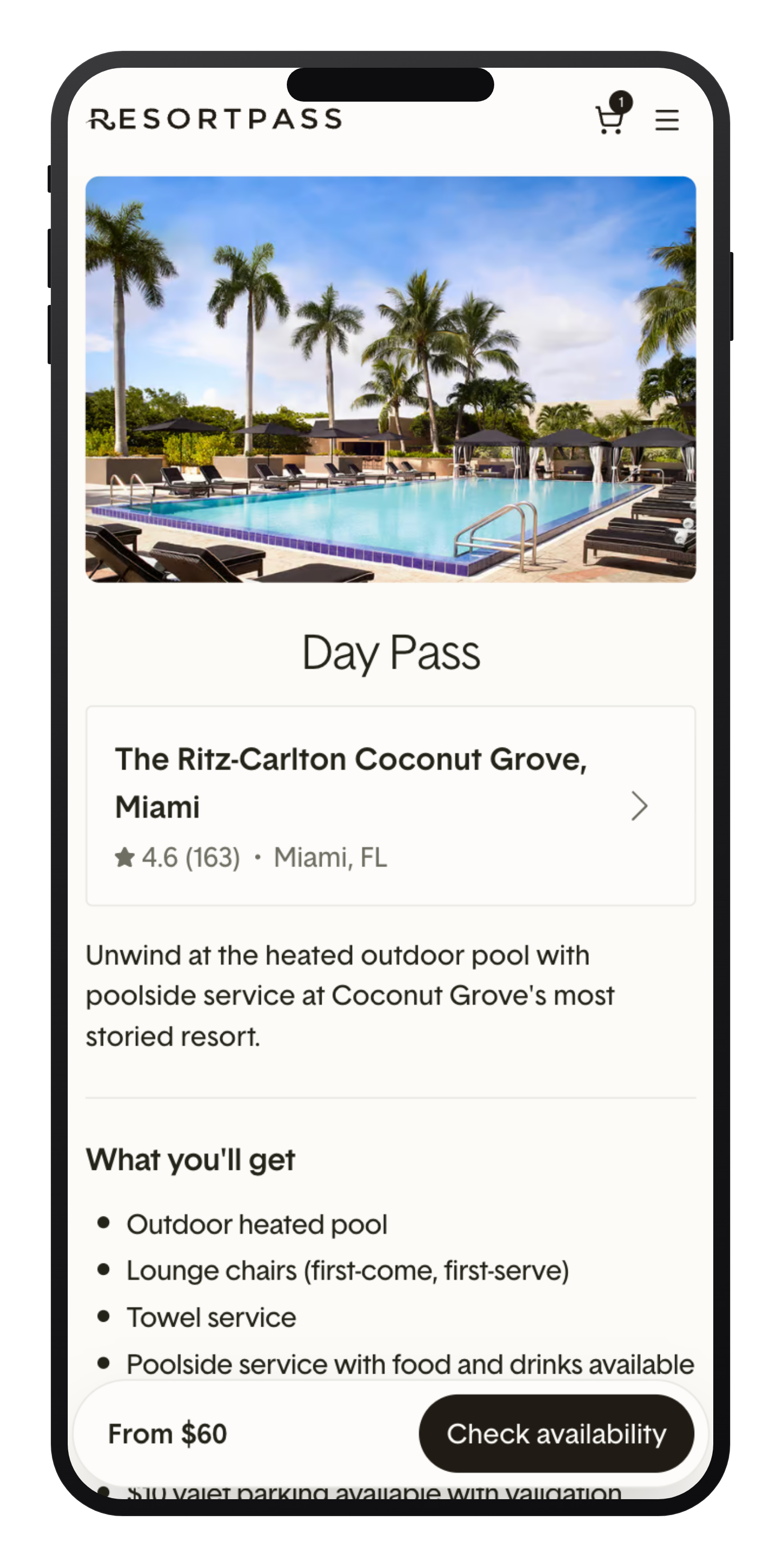 ResortPass Experience Page showing a day pass at The Ritz-Carlton Coconut Grove