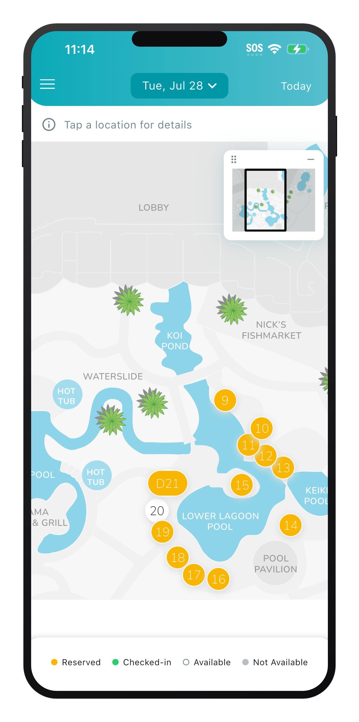 ResortPass hotel app showing the status of cabanas on a pool seating map