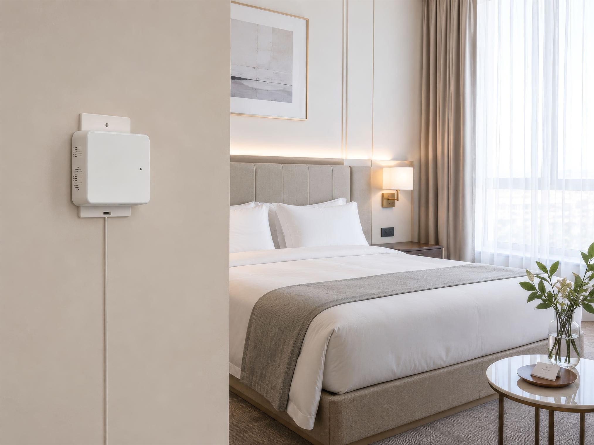 Rest company product image showing a wall-mounted sensor beside a hotel bed