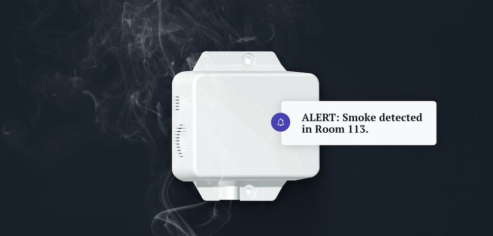 Rest promotional illustration of a white room sensor and a smoking alert