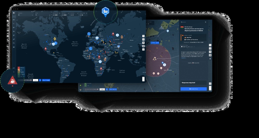 Restrata risk intelligence dashboard showing a map, incident markers and an information panel