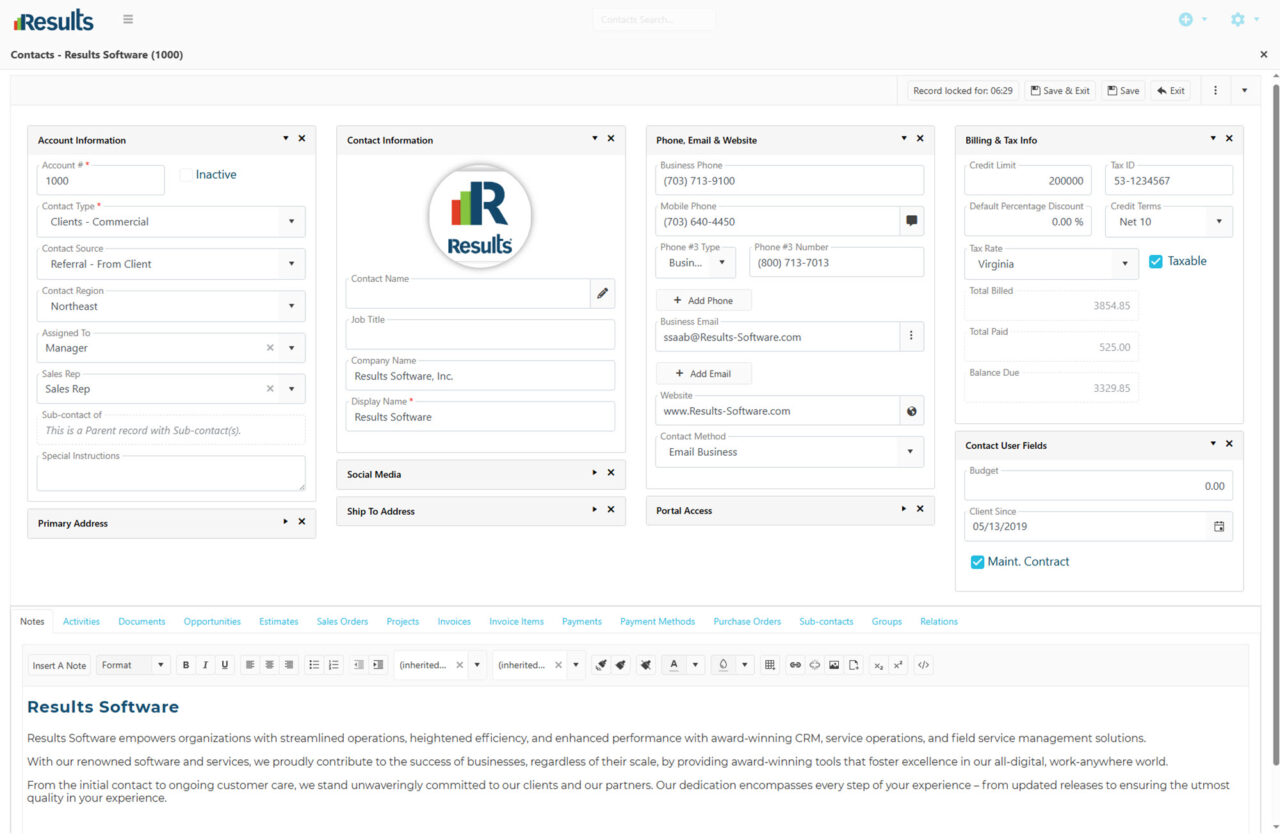Results Software contact record showing account, communication, billing and related operation tabs