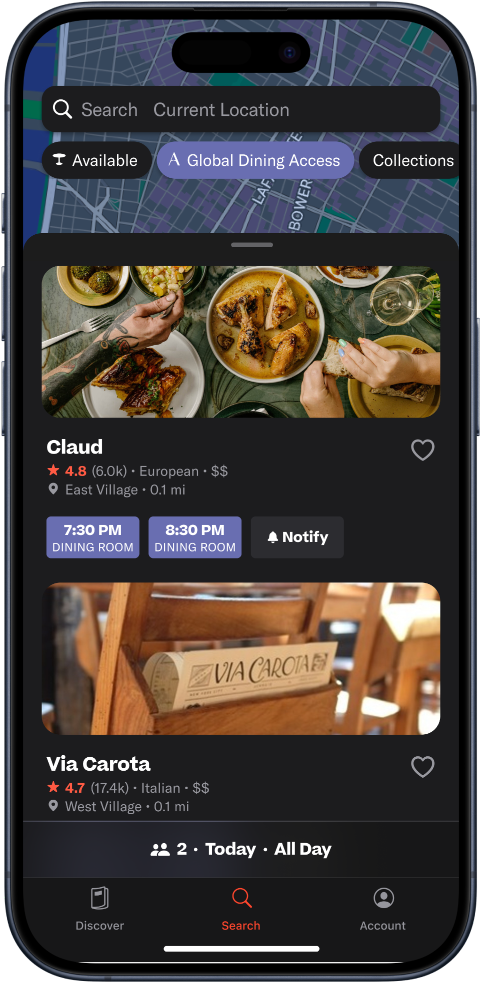 Resy mobile app showing Global Dining Access restaurants and available reservation times